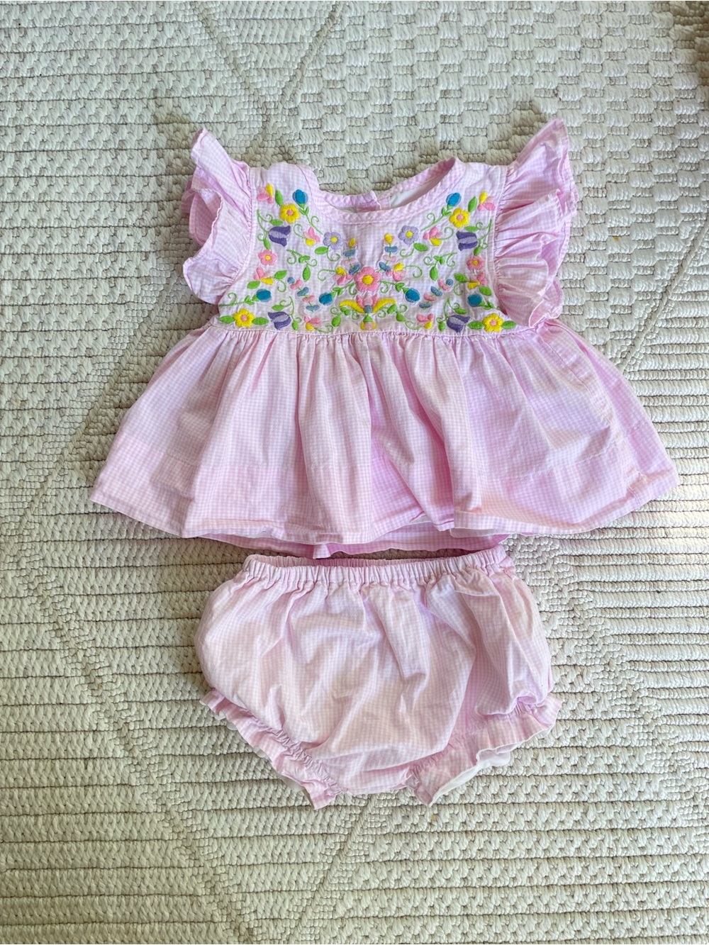 Cecil and Lou Pink Floral Embroidered Baby Top & Bloomers Set